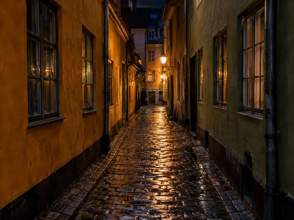 A narrow cobbled alley in the old centre of Copenhagen after dark