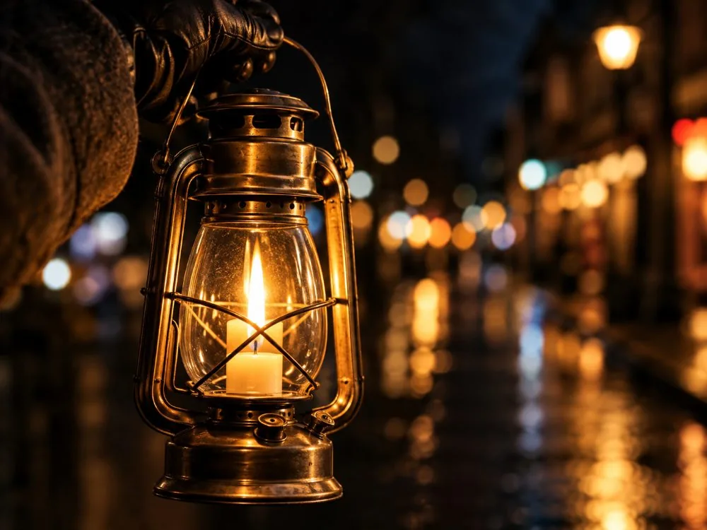 A guide in a black cloak holding a lit lantern on a Copenhagen street
