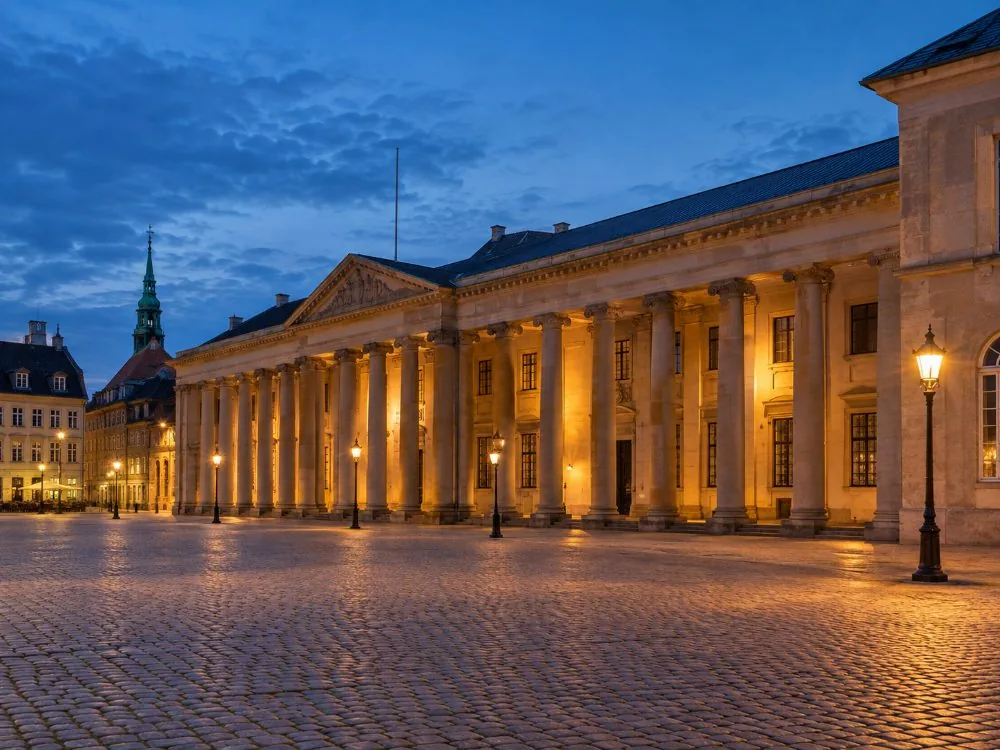 Nytorv square in Copenhagen at dusk, with the court house facade behind it